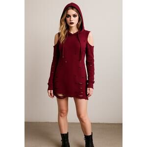 Red Fox Distressed Hoodie Dress Cold Shoulder Ripped Grunge Punk Festival Red S